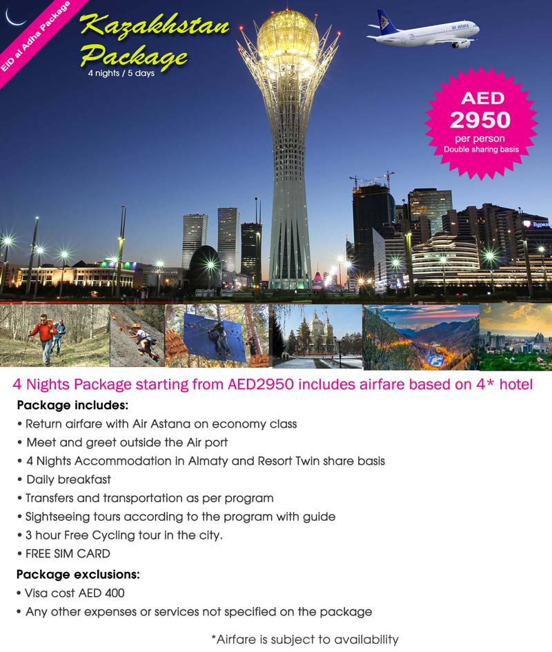 Kazakhstan Package 4 nights at 4* Hotel Accommodation with return Air Tickets